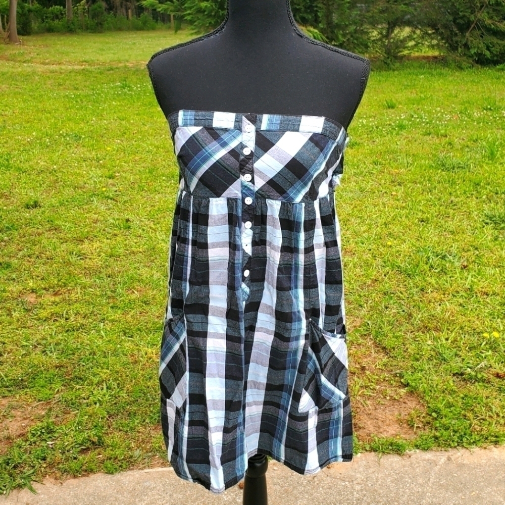 Strapless Blue Black Plaid Dress NOMIS NWOT